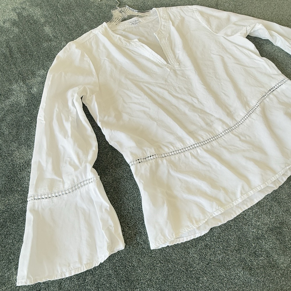 Boho Blouse Top Flare Sleeve‎ Coastal Hippie Women Large Festival White